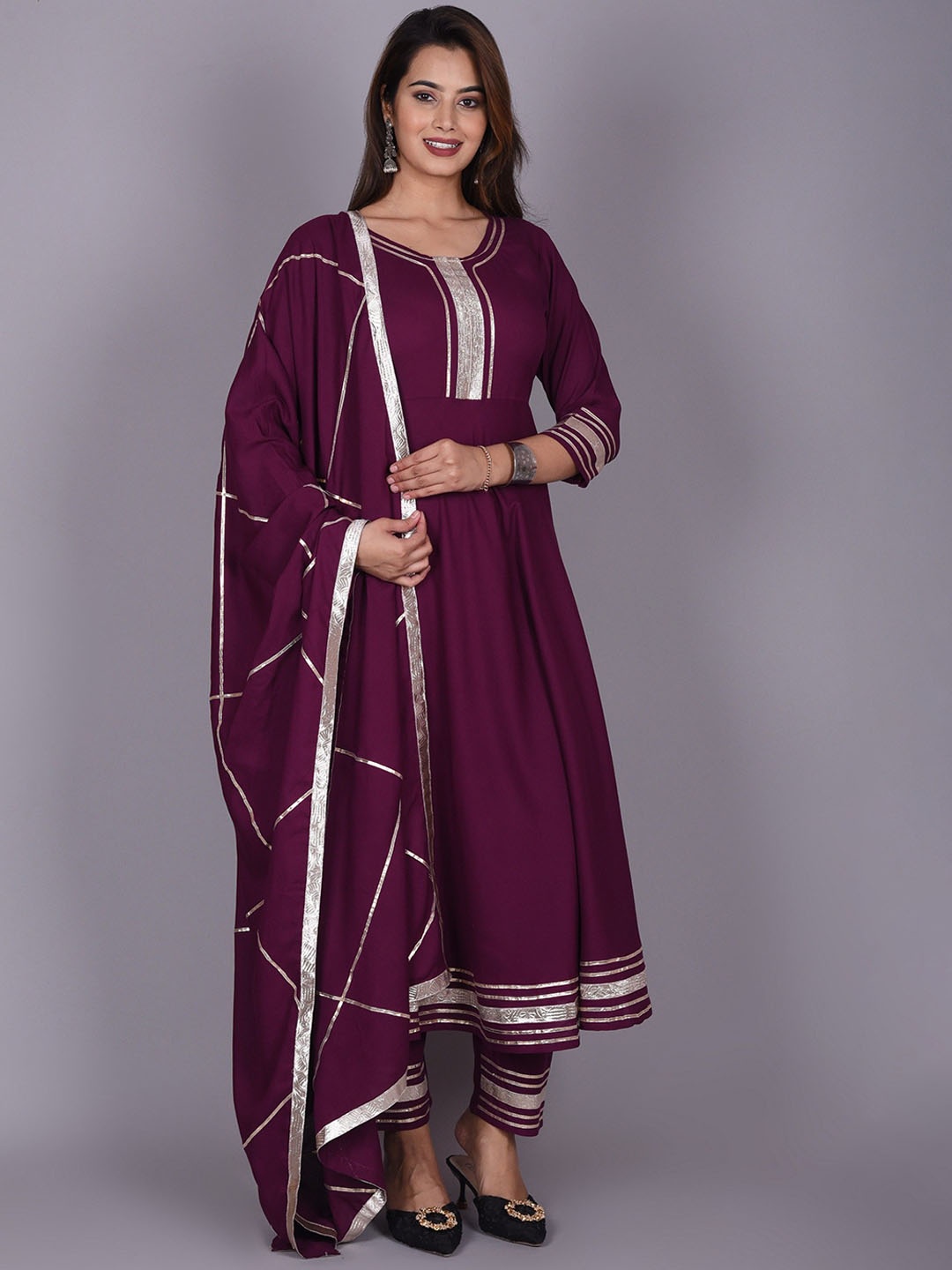 Shiv ali apparels Gotta Patti Round Neck Anarkali Kurta With Trousers & Dupatta, Purple
Shiv ali apparels Gotta Patti Round Neck Anarkali Kurta With Trousers & Dupatta, Purple
