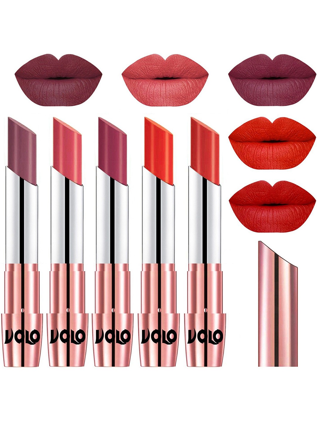 VOLO Set Of 5 Creme Matte Lipsticks -Plum 36-Dark Peach 37-Rose Pink 38-Coral 39-Orange 49
VOLO Set Of 5 Creme Matte Lipsticks -Plum 36-Dark Peach 37-Rose Pink 38-Coral 39-Orange 49