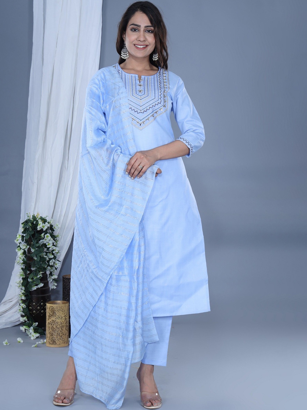 Shiv ali apparels Embroidered Round Neck Straight Zari Kurta With Trousers & Dupatta, Blue
Shiv ali apparels Embroidered Round Neck Straight Zari Kurta With Trousers & Dupatta, Blue