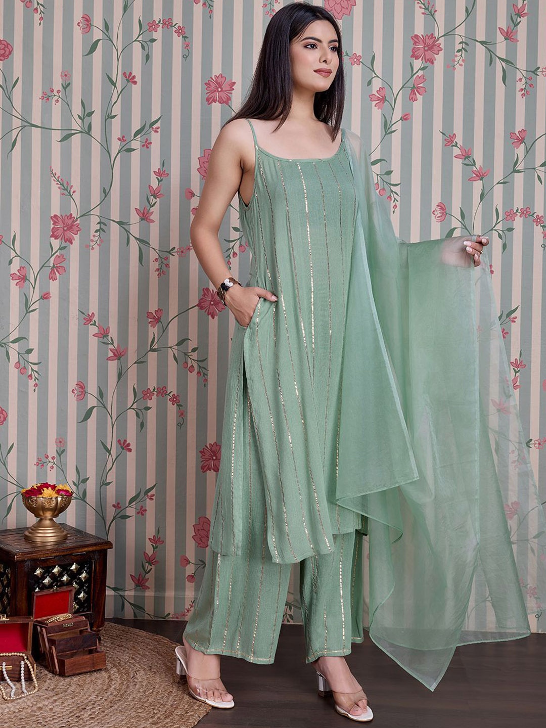 Ode by House of Pataudi Striped Straight Kurta with Palazzos & With Dupatta, Sea green
Ode by House of Pataudi Striped Straight Kurta with Palazzos & With Dupatta, Sea green