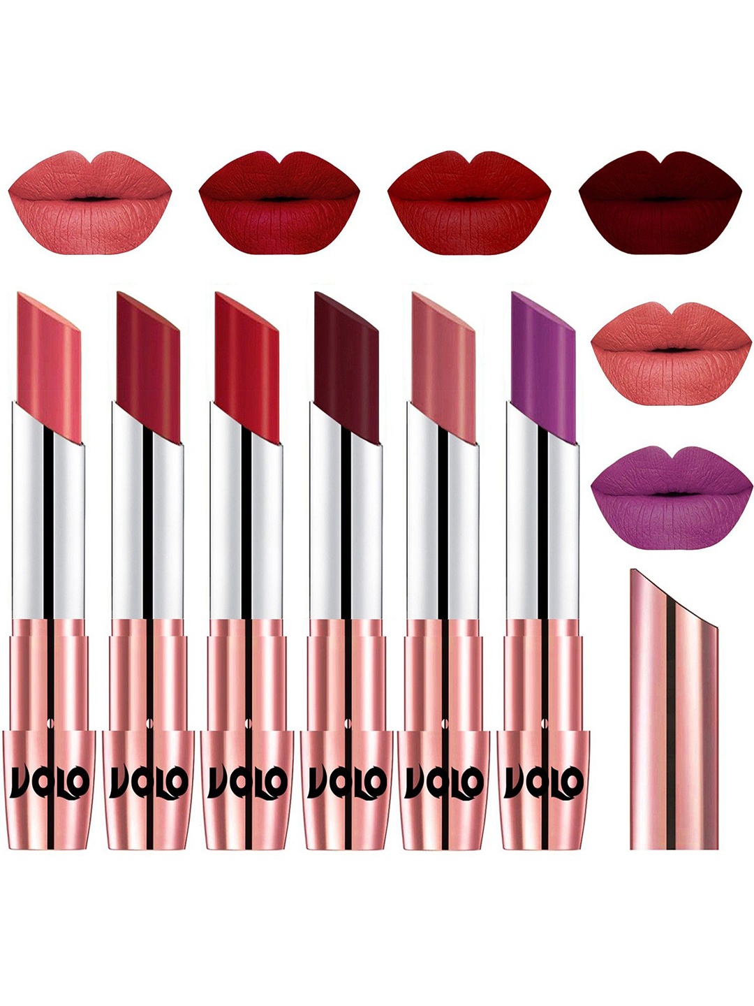 VOLO Set Of 6 Creme Matte Lipsticks - Dark Peach-Red-Tomato Red-Maroon-Light Peach-Purple
VOLO Set Of 6 Creme Matte Lipsticks - Dark Peach-Red-Tomato Red-Maroon-Light Peach-Purple