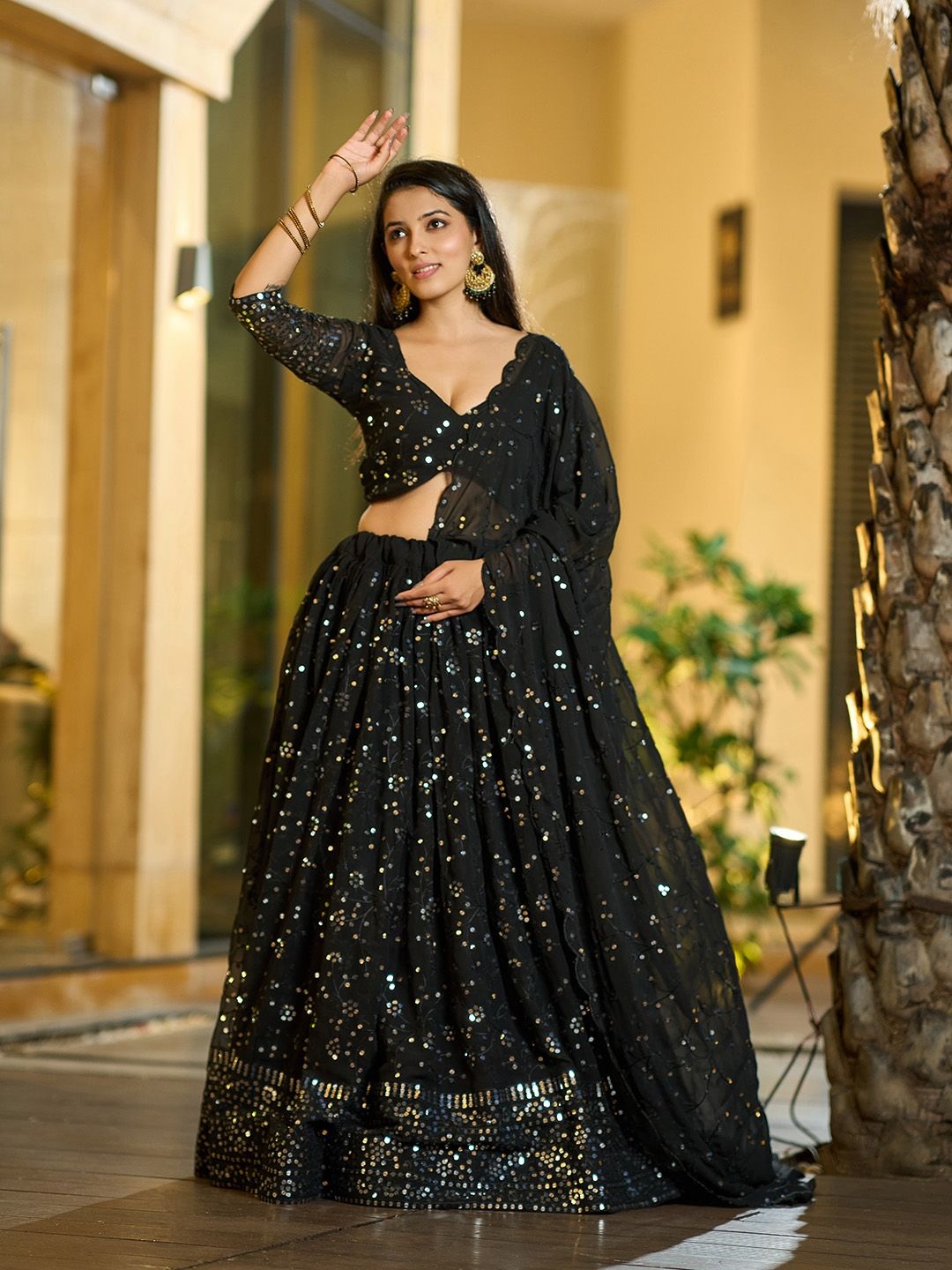 KALINI Embroidered V-Neck Net Semi Stitched Lehenga & Unstitched Blouse With Dupatta, Black
KALINI Embroidered V-Neck Net Semi Stitched Lehenga & Unstitched Blouse With Dupatta, Black