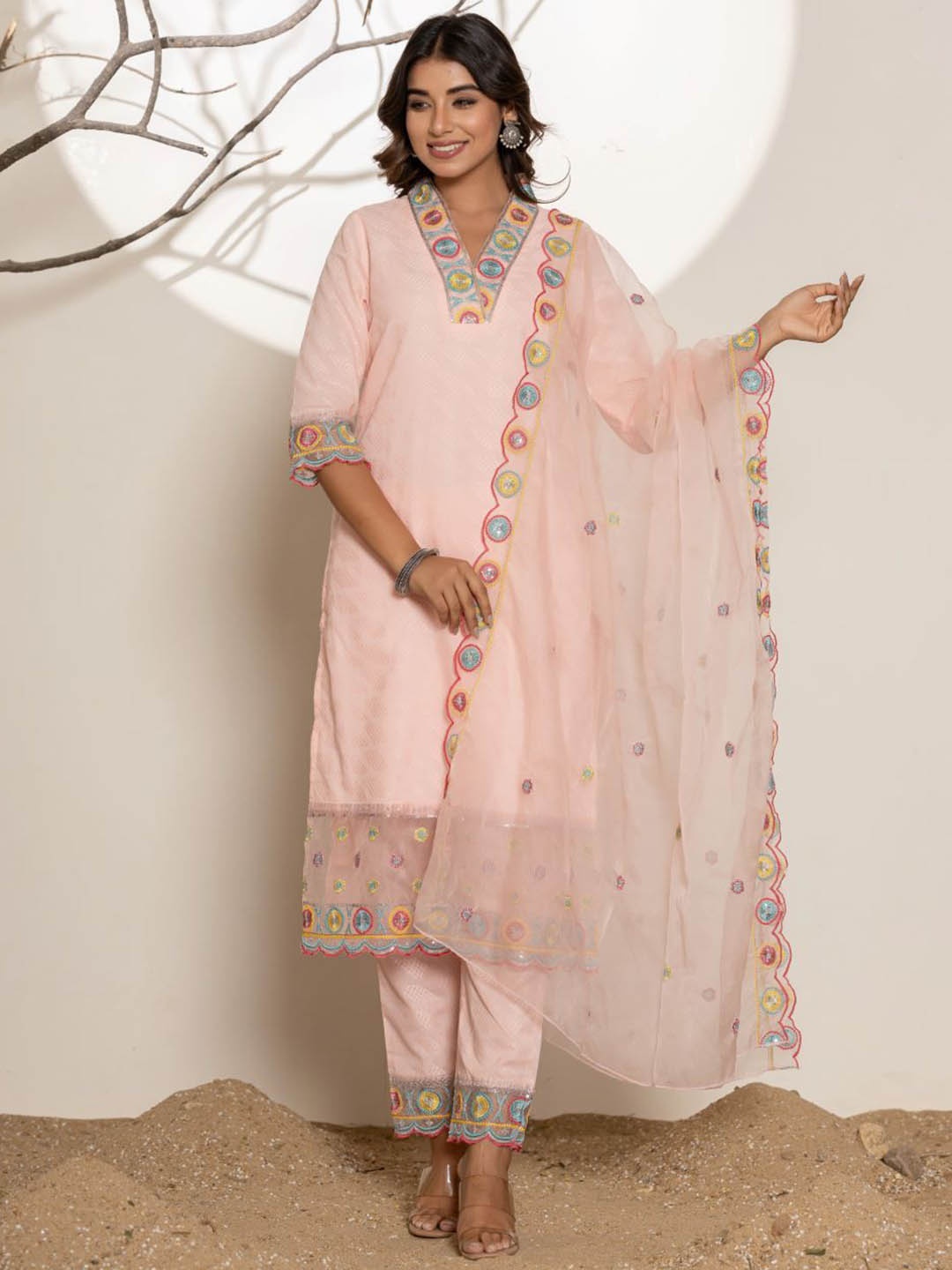 Chandbaali Geometric Woven Design Thread Work Dobby Pure Cotton Kurta & Trouser & Dupatta, Peach
Chandbaali Geometric Woven Design Thread Work Dobby Pure Cotton Kurta & Trouser & Dupatta, Peach