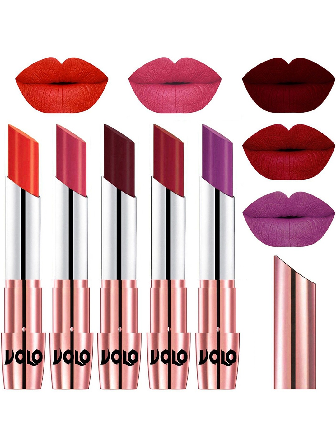 VOLO Set Of 5 Creme Matte Lipsticks 3.5g Each- Coral 39-Pink 41-Maroon 42-Red 43-Purple 48
VOLO Set Of 5 Creme Matte Lipsticks 3.5g Each- Coral 39-Pink 41-Maroon 42-Red 43-Purple 48