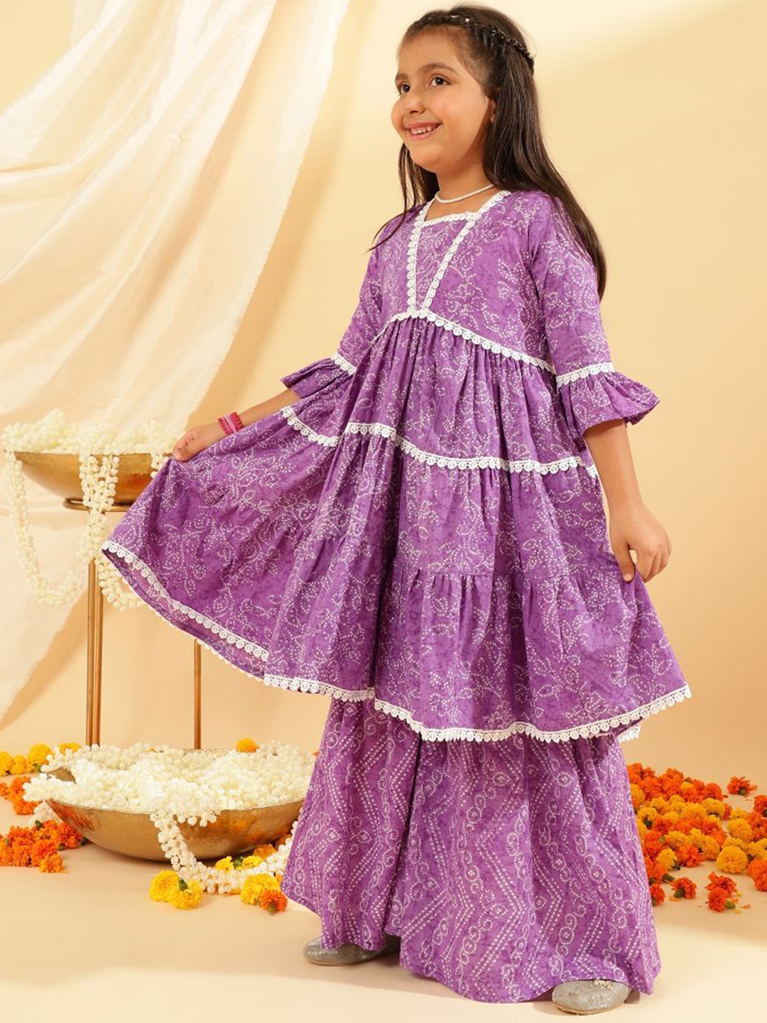 BANDIA Girls Bandhani Printed Tiered Pure Cotton Anarkali Kurta with Sharara, Purple
BANDIA Girls Bandhani Printed Tiered Pure Cotton Anarkali Kurta with Sharara, Purple