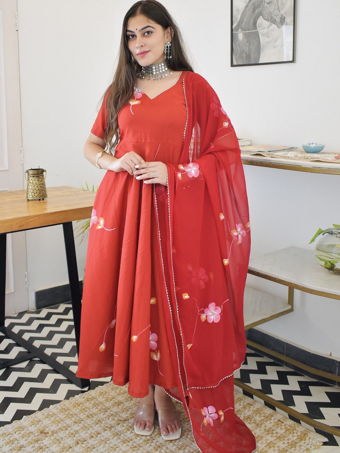 LABEL KRISHA Floral Printed Pure Cotton Anarkali Kurta with Trousers & Dupatta, Maroon
LABEL KRISHA Floral Printed Pure Cotton Anarkali Kurta with Trousers & Dupatta, Maroon