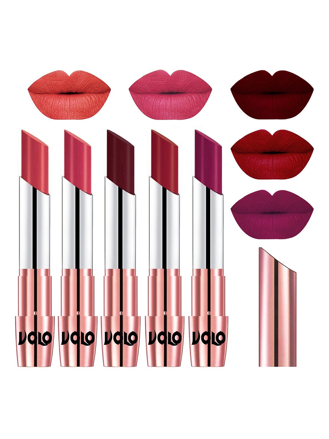 VOLO Set Of 5 Creme Matte Lipsticks 3.5 g - Peach 33-Pink 41-Maroon 42-Red 43-Magenta 45
VOLO Set Of 5 Creme Matte Lipsticks 3.5 g - Peach 33-Pink 41-Maroon 42-Red 43-Magenta 45