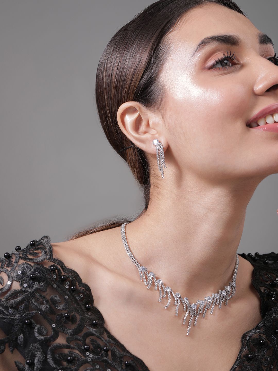 Rubans Rhodium-Plated Cascading Multiple Strands AD & CZ Stone Studded Jewellery Set, Silver
Rubans Rhodium-Plated Cascading Multiple Strands AD & CZ Stone Studded Jewellery Set, Silver