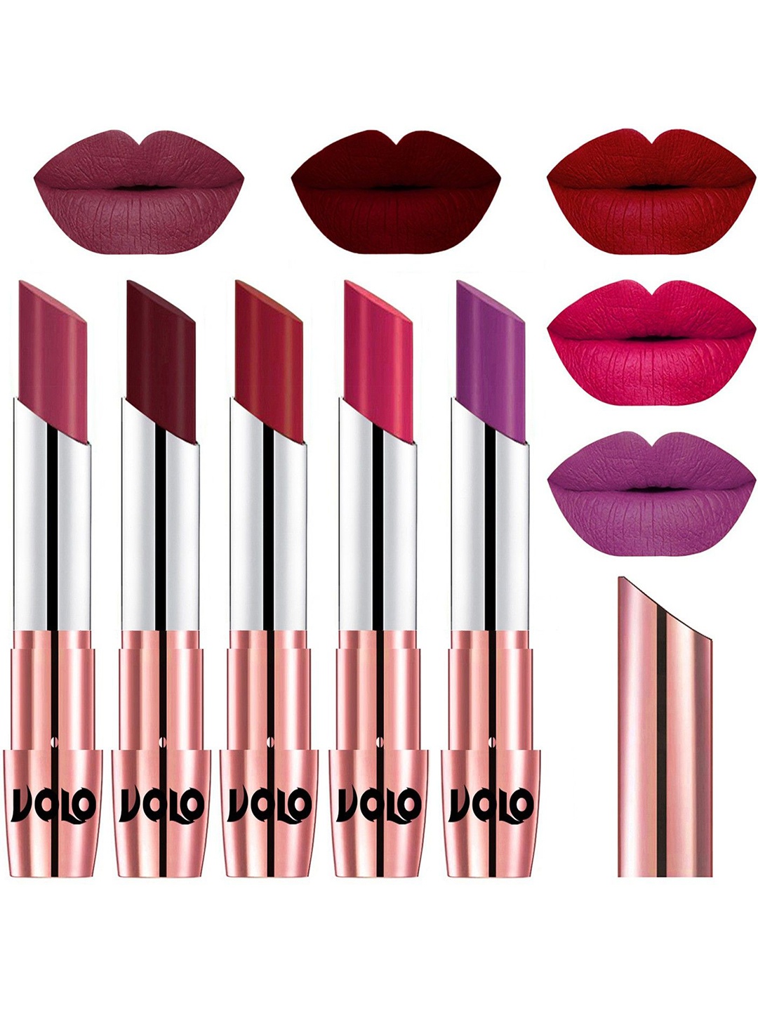 VOLO Set Of 5 Creme Matte Lipstick-Rose Pink 38-Maroon 42-Red 43-Passion Pink 44-Purple 48
VOLO Set Of 5 Creme Matte Lipstick-Rose Pink 38-Maroon 42-Red 43-Passion Pink 44-Purple 48