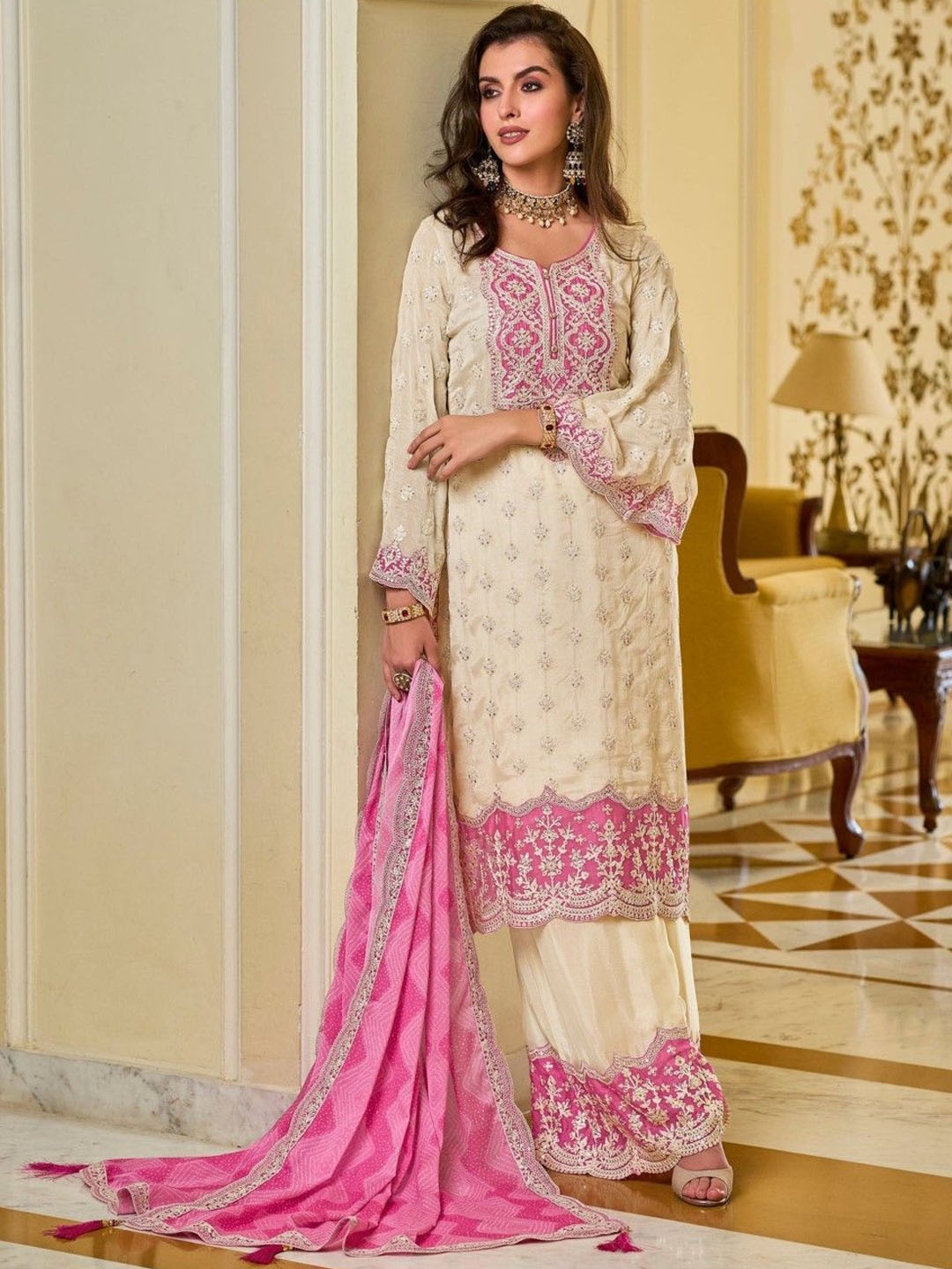 AUTUMN LANE Floral Embroidered Sequinned Straight Kurta With Palazzos & Dupatta, Off white
AUTUMN LANE Floral Embroidered Sequinned Straight Kurta With Palazzos & Dupatta, Off white