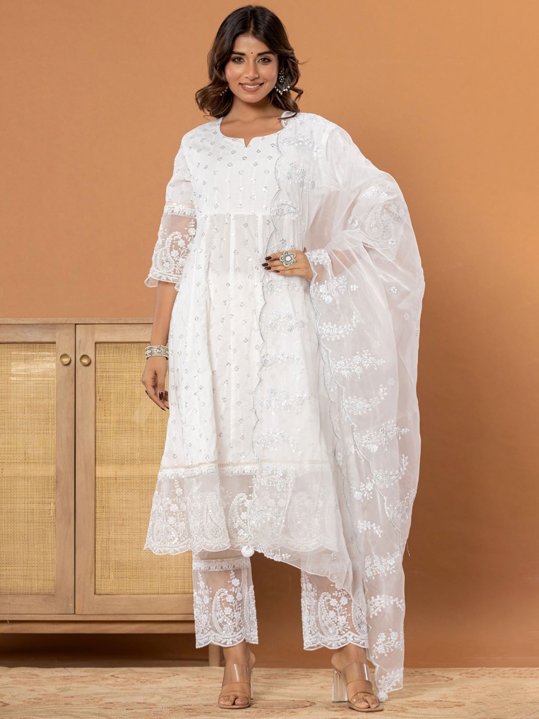 Chandbaali Floral Embroidered Anarkali Sequinned Pure Cotton Kurta with Trousers & Dupatta, White
Chandbaali Floral Embroidered Anarkali Sequinned Pure Cotton Kurta with Trousers & Dupatta, White