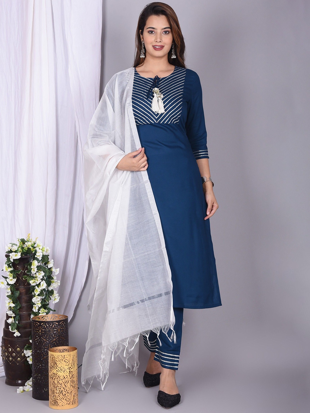 Shiv ali apparels Yoke Design Gotta Patti Tie-Up Neck Kurta With Trousers & Dupatta, Teal
Shiv ali apparels Yoke Design Gotta Patti Tie-Up Neck Kurta With Trousers & Dupatta, Teal
