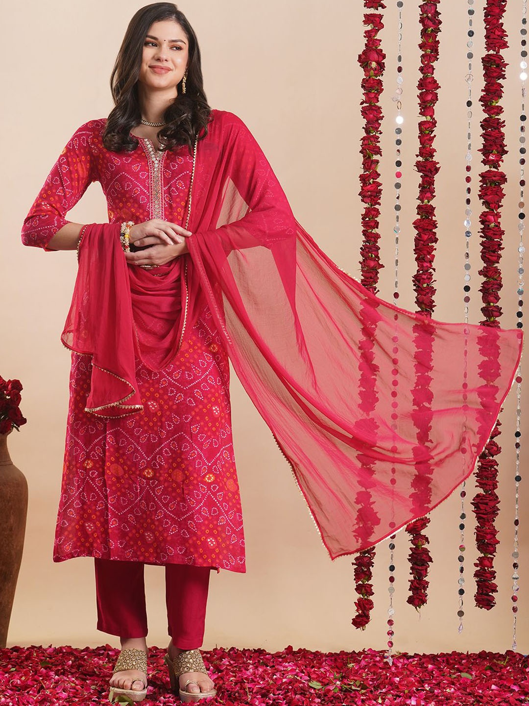 GoSriKi Bandhani Printed Gotta Patti Straight Kurta With Trousers & Dupatta, Pink
GoSriKi Bandhani Printed Gotta Patti Straight Kurta With Trousers & Dupatta, Pink