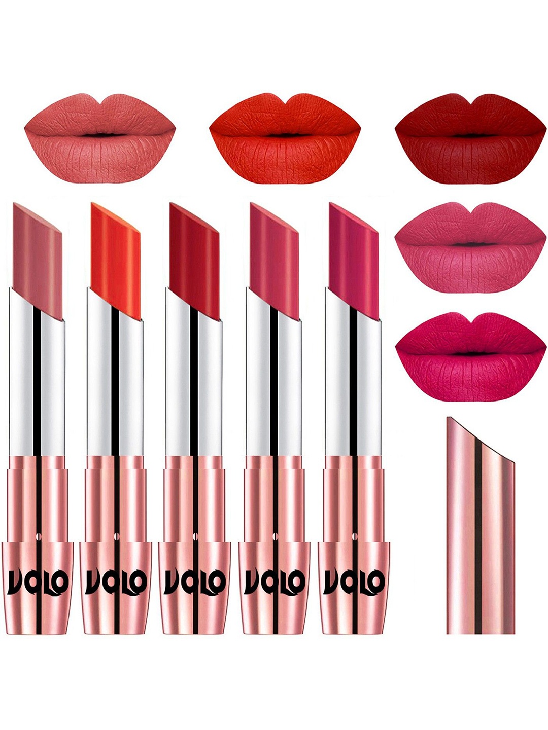 VOLO Set Of 5 Matte Lipstick-Light Peach 32-Coral 39-Tomato Red 40-Pink 41-Passion Pink 44
VOLO Set Of 5 Matte Lipstick-Light Peach 32-Coral 39-Tomato Red 40-Pink 41-Passion Pink 44
