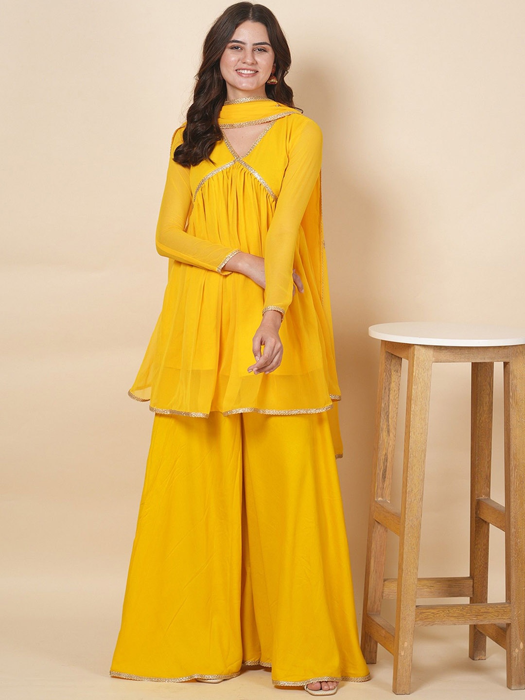 LABEL KRISHA Yoke Design Gotta Patti Pure Cotton Anarkali Kurti with Sharara & Dupatta, Yellow
LABEL KRISHA Yoke Design Gotta Patti Pure Cotton Anarkali Kurti with Sharara & Dupatta, Yellow