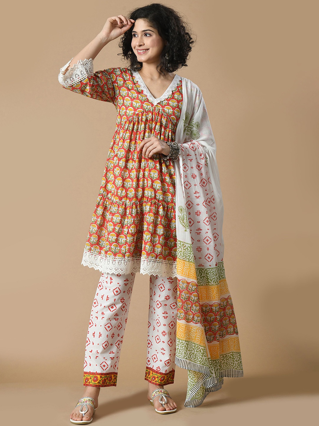 Sangria Floral Printed V-Neck Empire Pure Cotton Anarkali Kurta With Trousers & Dupatta, Red
Sangria Floral Printed V-Neck Empire Pure Cotton Anarkali Kurta With Trousers & Dupatta, Red