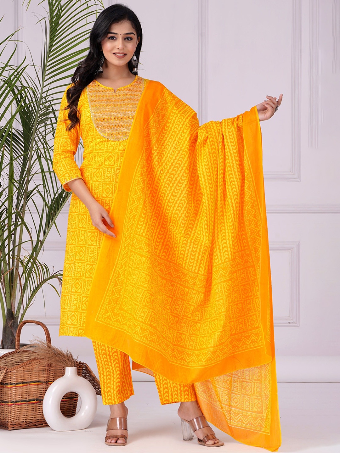 KALINI Ethnic Motifs Embroidered Straight Pure Cotton Kurta with Trousers & Dupatta, Mustard
KALINI Ethnic Motifs Embroidered Straight Pure Cotton Kurta with Trousers & Dupatta, Mustard