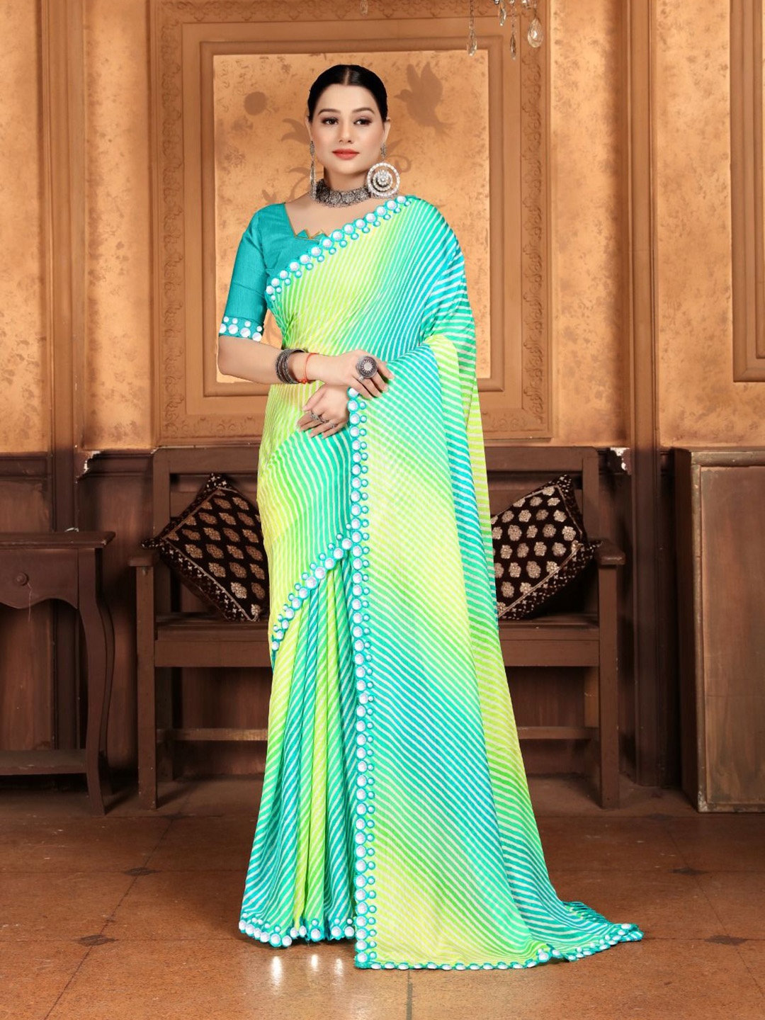 ALAGINI Leheriya Mirror Work Pure Chiffon Ready to Wear Leheriya Saree, Green
ALAGINI Leheriya Mirror Work Pure Chiffon Ready to Wear Leheriya Saree, Green