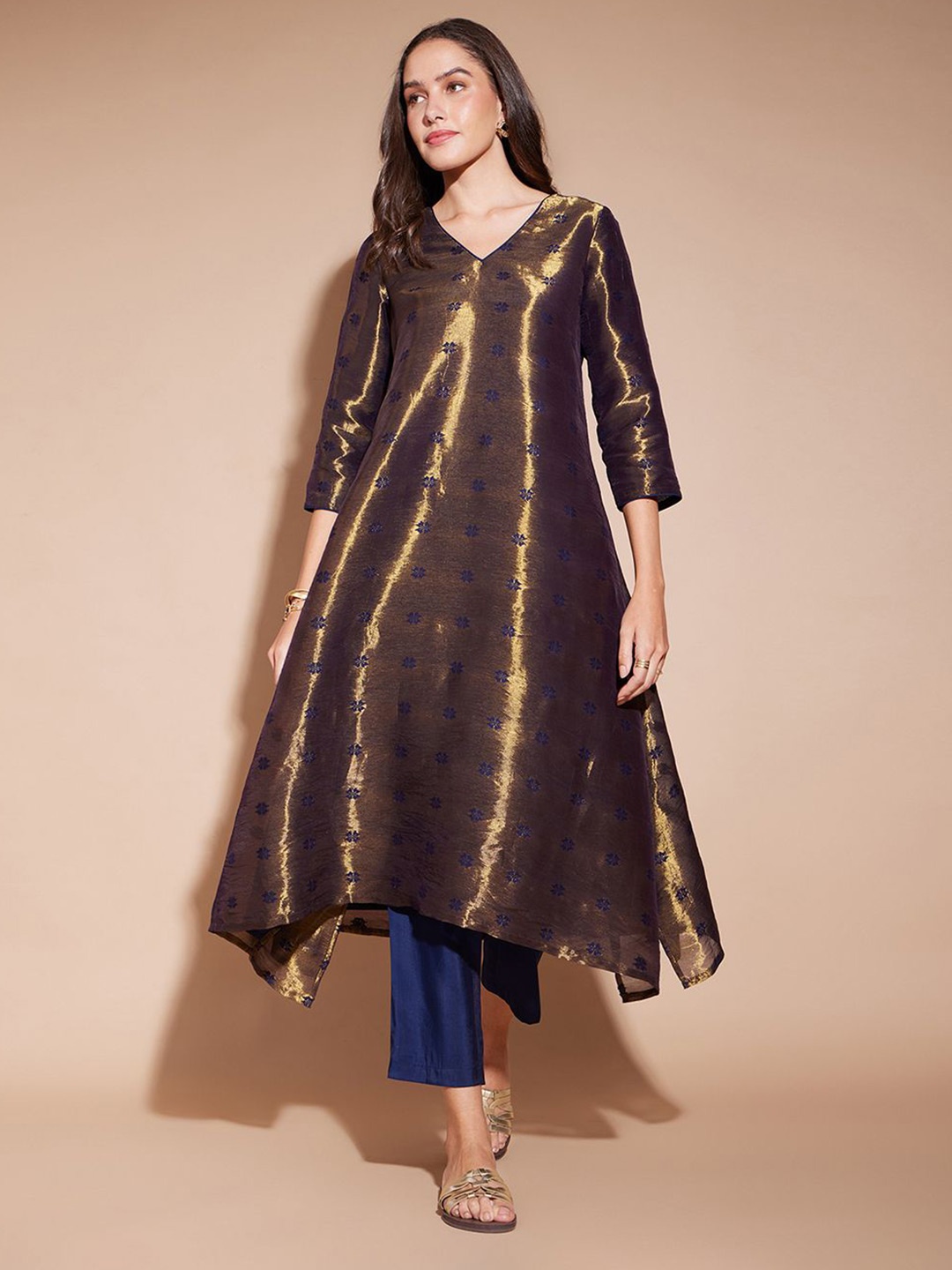 Pink Fort Floral Woven Design V-Neck Jacquard Weave A-Line Kurta with Trousers, Beige
Pink Fort Floral Woven Design V-Neck Jacquard Weave A-Line Kurta with Trousers, Beige