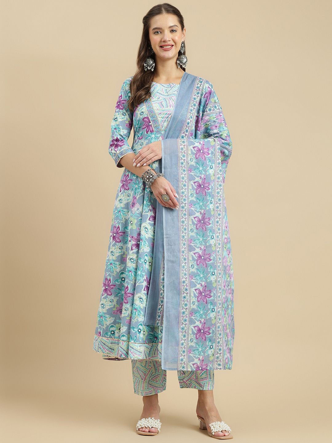 KALINI Floral Printed Anarkali Gotta Patti Pure Cotton Kurta with Palazzos & Dupatta, Grey
KALINI Floral Printed Anarkali Gotta Patti Pure Cotton Kurta with Palazzos & Dupatta, Grey