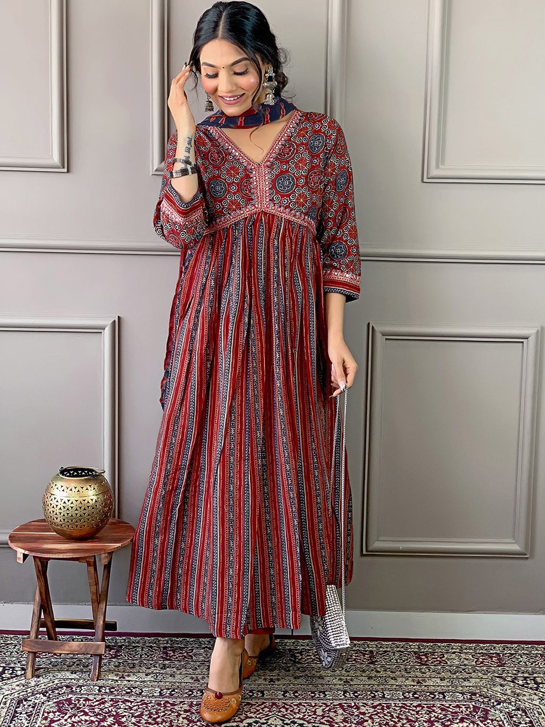 KALINI Ethnic Motifs Printed Pleated Pure Cotton Kurta With Trousers & Dupatta, Maroon
KALINI Ethnic Motifs Printed Pleated Pure Cotton Kurta With Trousers & Dupatta, Maroon