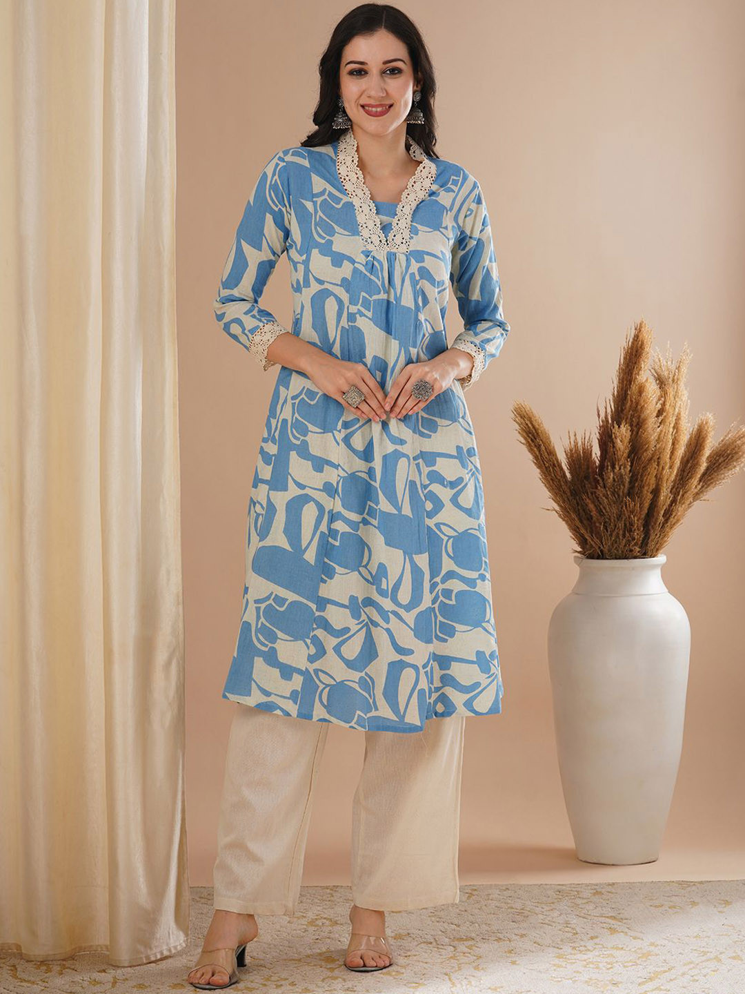 FASHOR Floral Printed Panelled Thread Work Pure Cotton A-Line Kurta With Palazzo, Blue 
FASHOR Floral Printed Panelled Thread Work Pure Cotton A-Line Kurta With Palazzo, Blue