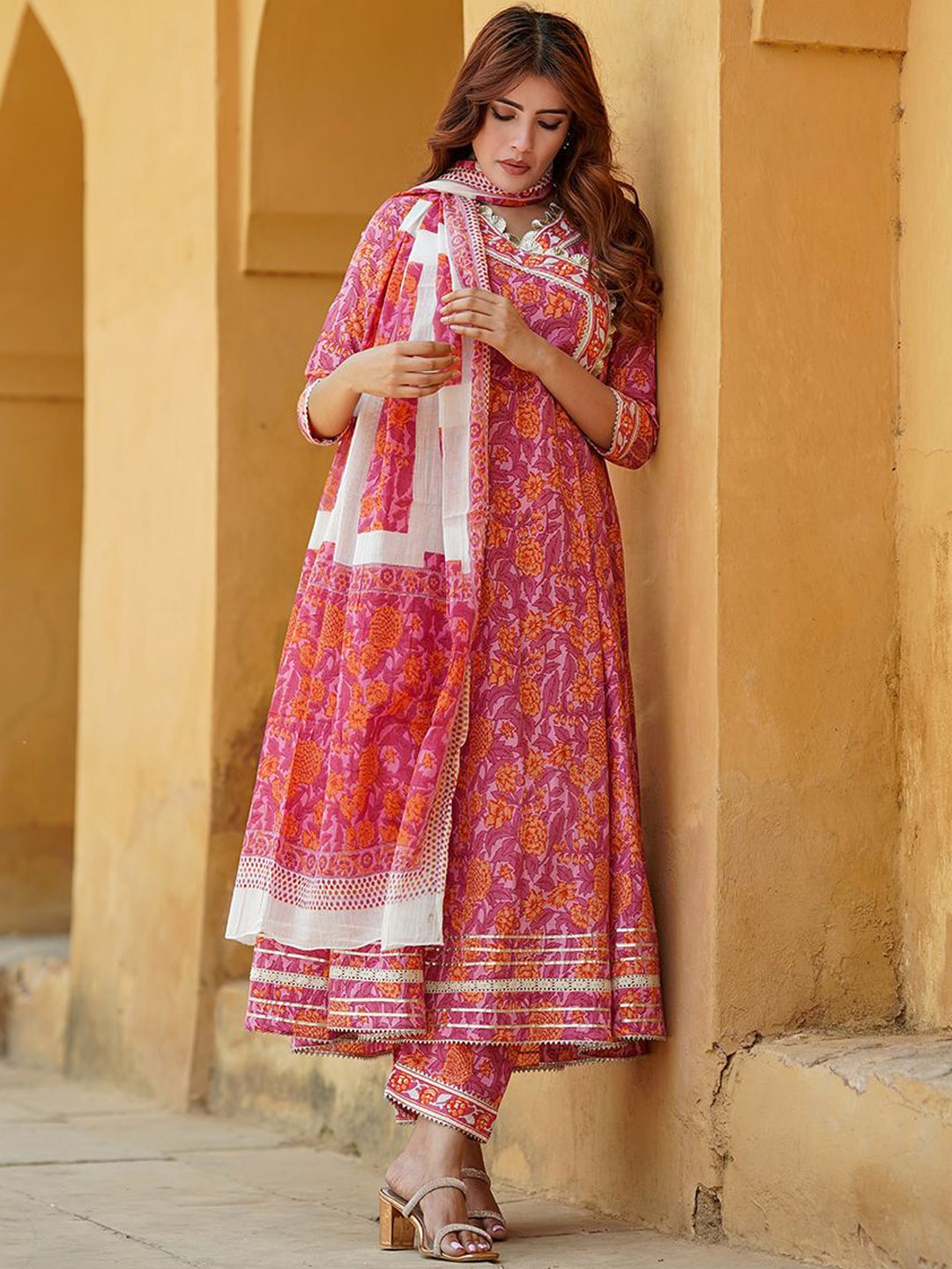 KALINI Floral Angrakha Gotta Patti Pure Cotton Anarkali Kurta with Trousers & Dupatta, Pink
KALINI Floral Angrakha Gotta Patti Pure Cotton Anarkali Kurta with Trousers & Dupatta, Pink
