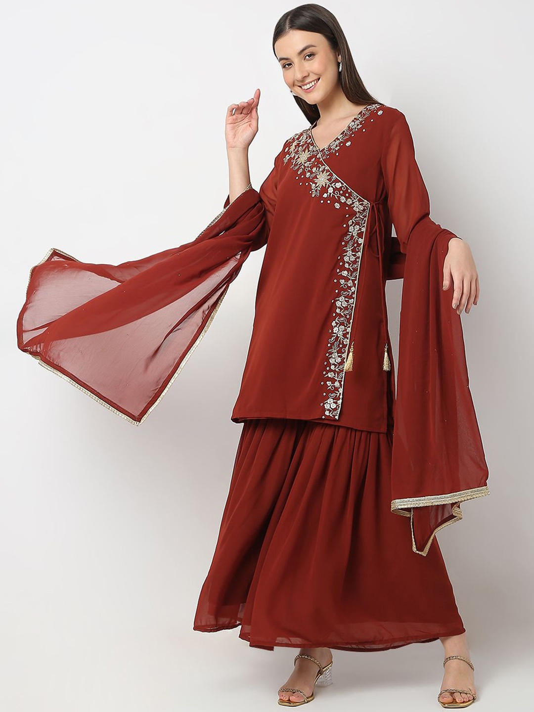 Ethnicity Ethnic Motifs Embroidered Angrakha Sequinned Kurta With Sharara & Dupatta, Rust
Ethnicity Ethnic Motifs Embroidered Angrakha Sequinned Kurta With Sharara & Dupatta, Rust