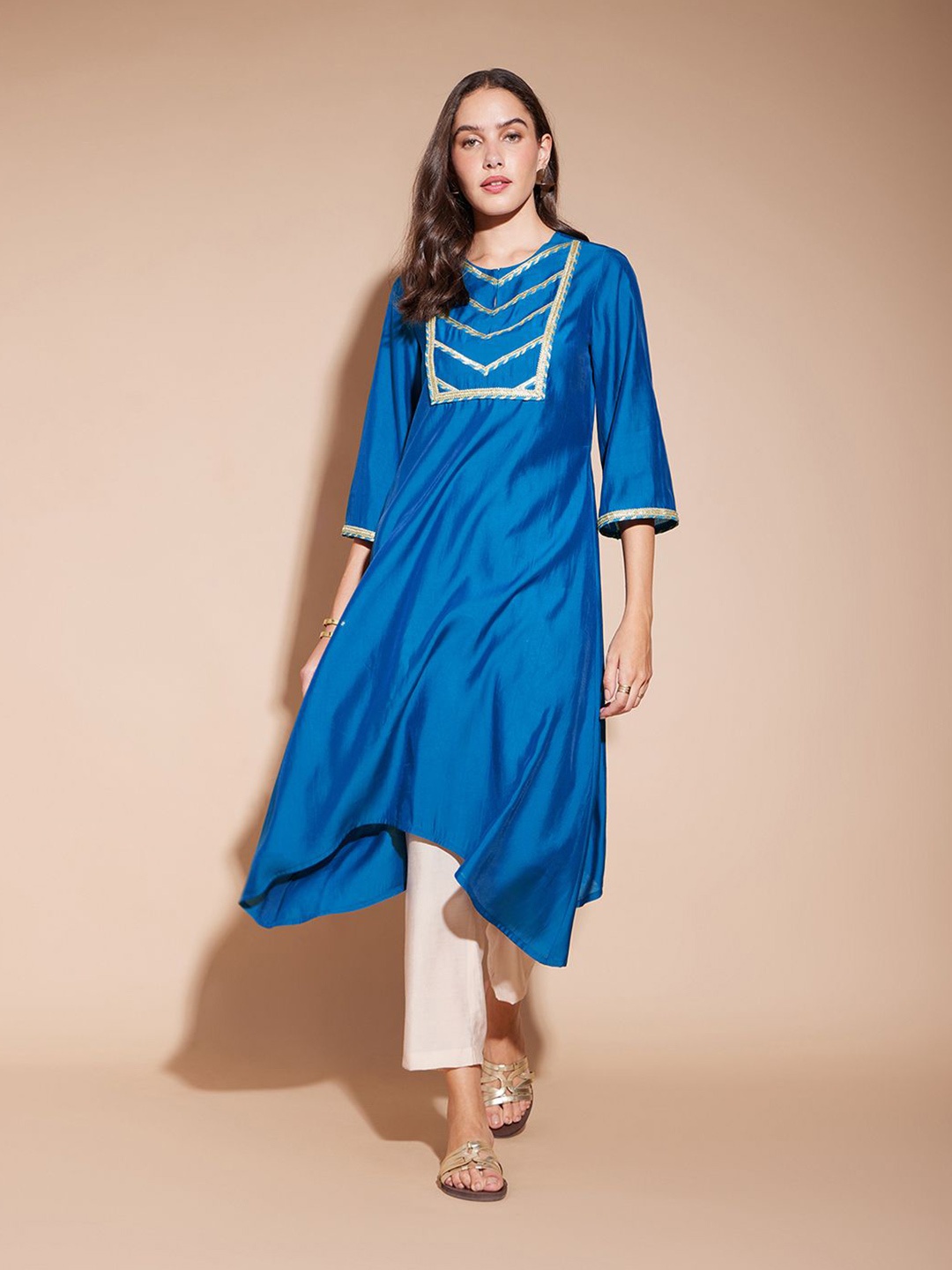 Pink Fort Yoke Design Keyhole Neck Gotta Patti Detail Asymmetrical A-Line Kurta, Blue
Pink Fort Yoke Design Keyhole Neck Gotta Patti Detail Asymmetrical A-Line Kurta, Blue