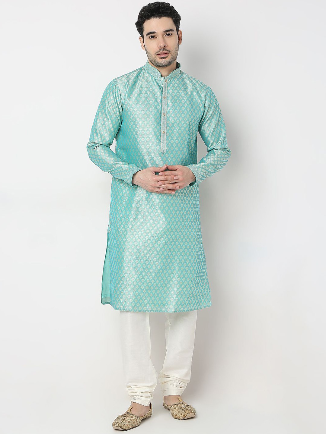 Ethnicity Ethnic Motifs Woven Design Mandarin Collar Zari Straight Kurta With Churidar, Green
Ethnicity Ethnic Motifs Woven Design Mandarin Collar Zari Straight Kurta With Churidar, Green