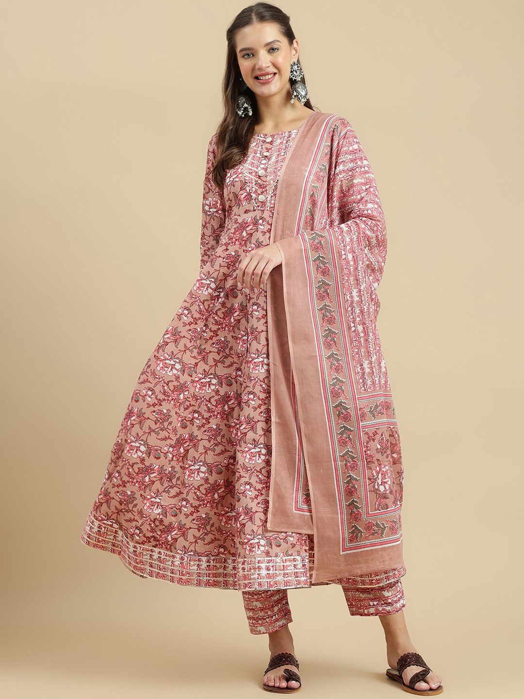 KALINI Floral Printed Round Neck Pure Cotton Anarkali Kurta with Palazzo & Dupatta, Brown
KALINI Floral Printed Round Neck Pure Cotton Anarkali Kurta with Palazzo & Dupatta, Brown