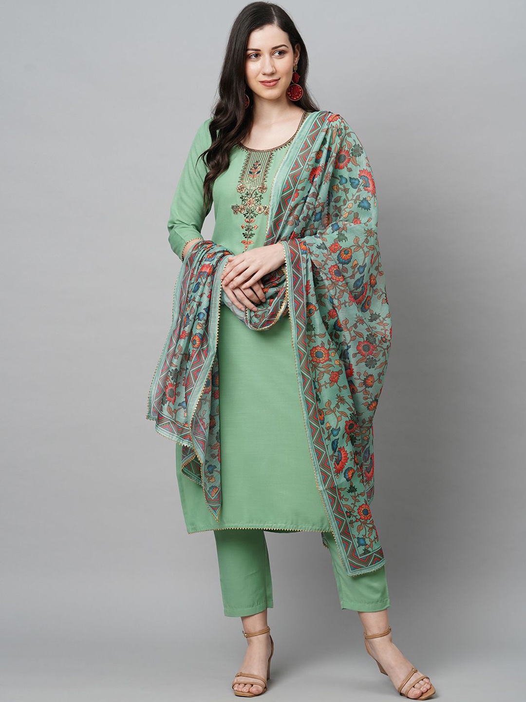 GoSriKi Floral Yoke Design Straight Thread Work Kurta with Trousers & Dupatta, Green
GoSriKi Floral Yoke Design Straight Thread Work Kurta with Trousers & Dupatta, Green