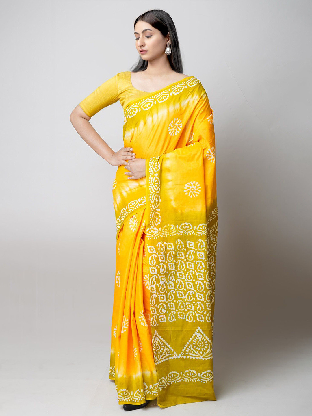Unnati Silks Floral Pure Cotton Handloom Block Print Saree, Yellow 
Unnati Silks Floral Pure Cotton Handloom Block Print Saree, Yellow