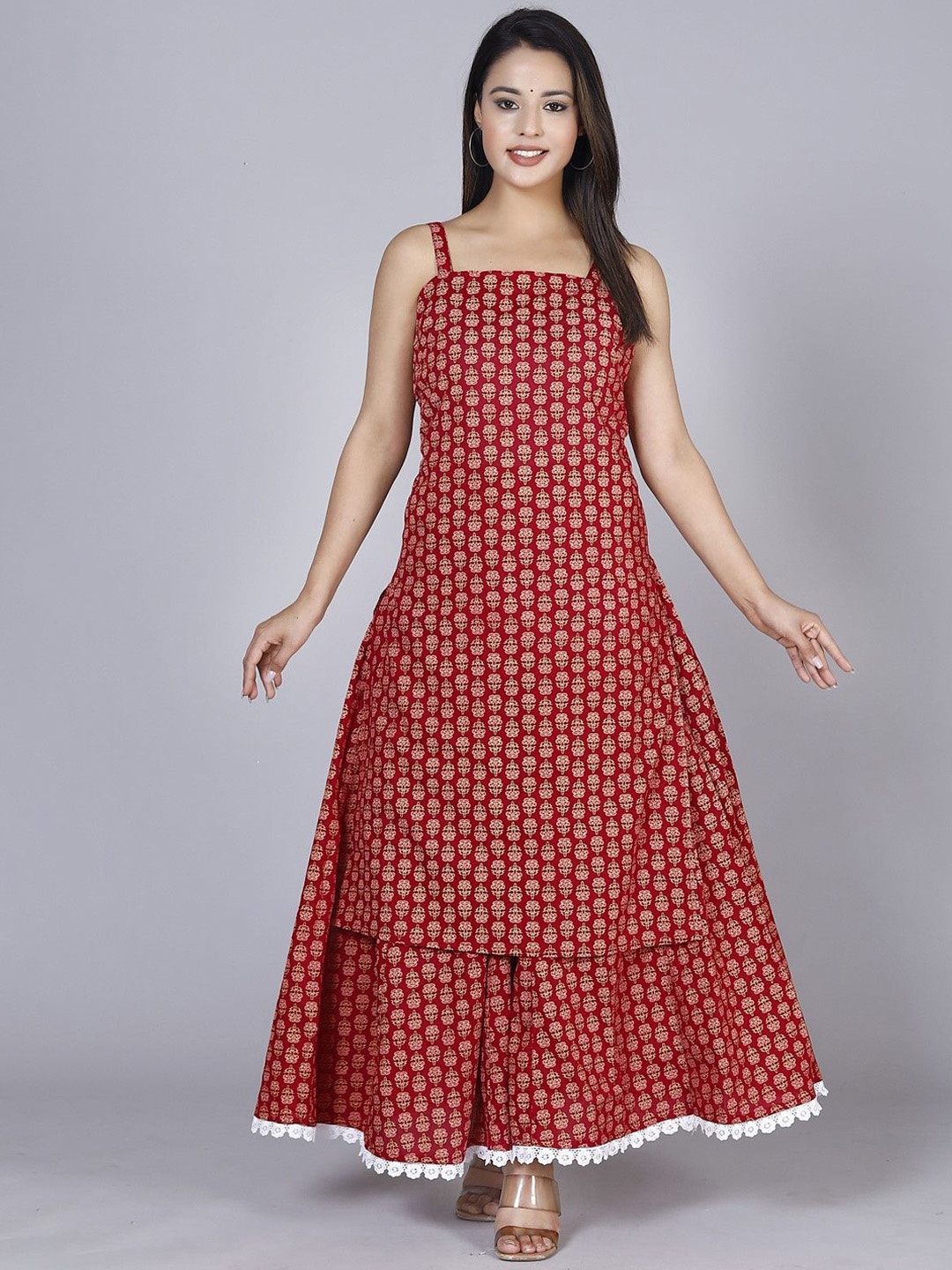 ANTU KURTIES Floral Printed Shoulder Straps Sleeveless Pure Cotton Kurta With Skirt, Red
ANTU KURTIES Floral Printed Shoulder Straps Sleeveless Pure Cotton Kurta With Skirt, Red