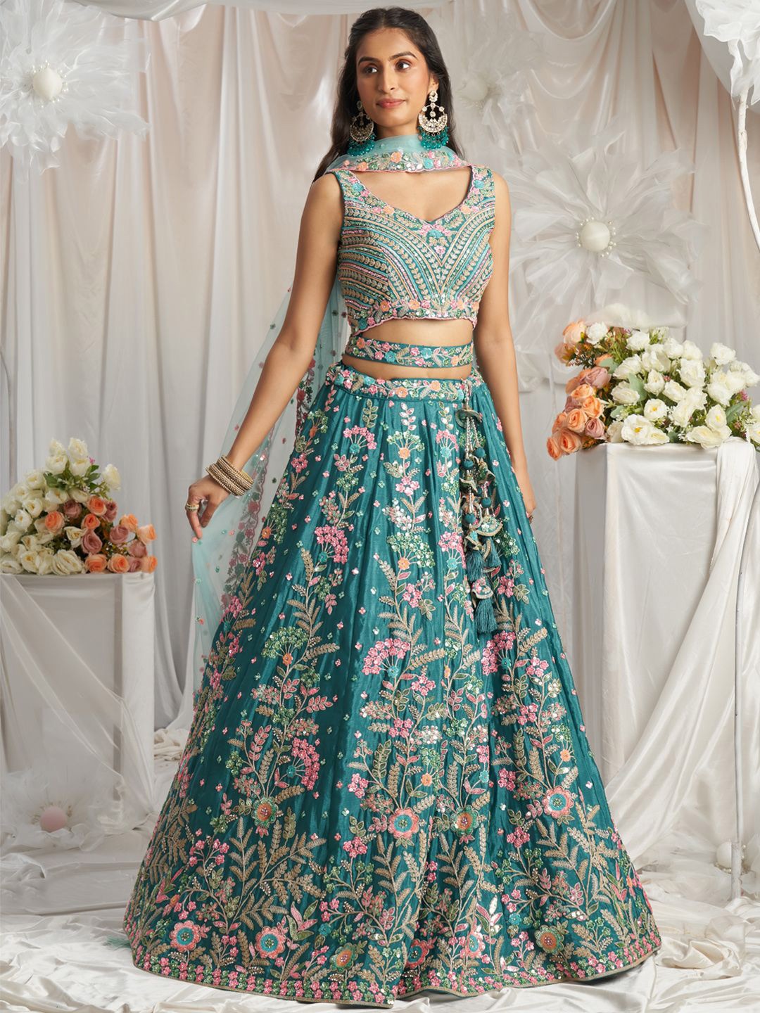 panchhi Embroidered Sequinned Semi Stitched Lehenga & Unstitched Blouse With Dupatta, Teal
panchhi Embroidered Sequinned Semi Stitched Lehenga & Unstitched Blouse With Dupatta, Teal