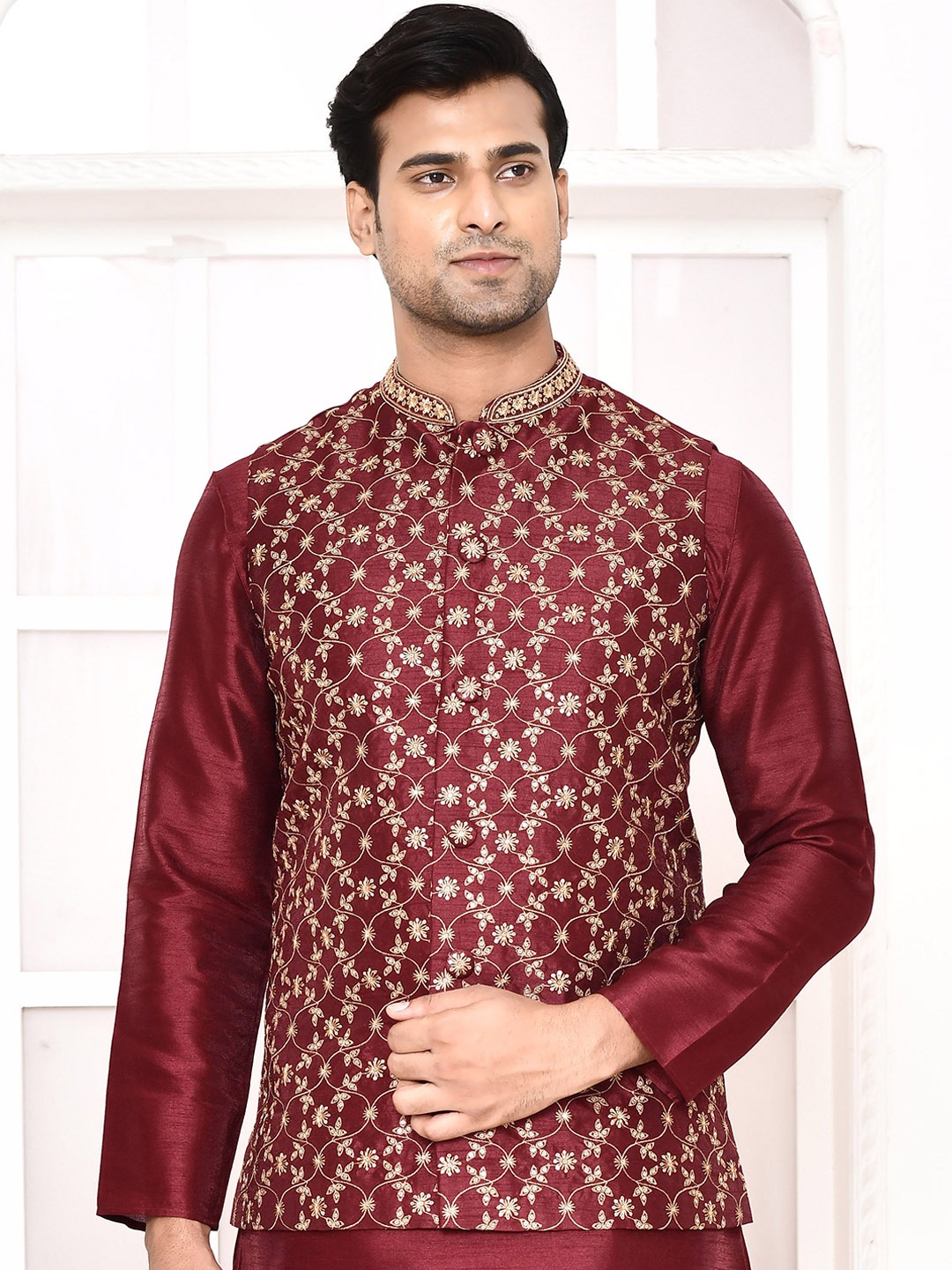 MAAHI FABS Mandarin Collar Thread Work Straight Kurta with Churidar & Nehru Jacket, Maroon
MAAHI FABS Mandarin Collar Thread Work Straight Kurta with Churidar & Nehru Jacket, Maroon