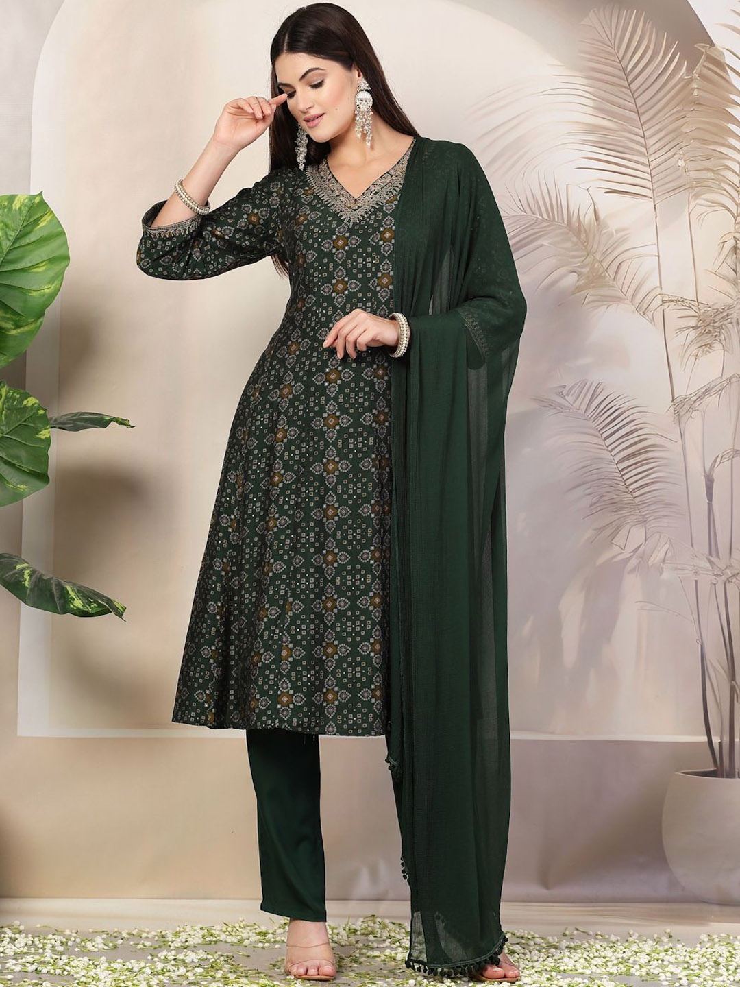 Nayam By Lakshita Bandhani Printed Panelled Thread Work Kurta With Trousers & Dupatta, Green
Nayam By Lakshita Bandhani Printed Panelled Thread Work Kurta With Trousers & Dupatta, Green