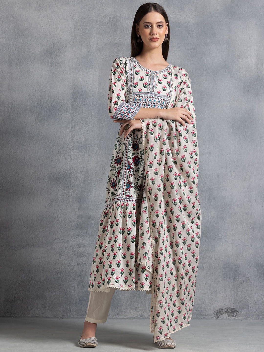 INDYA Floral Printed Round Neck Pure Cotton Anarkali Kurta & Trouser With Dupatta, Off white
INDYA Floral Printed Round Neck Pure Cotton Anarkali Kurta & Trouser With Dupatta, Off white