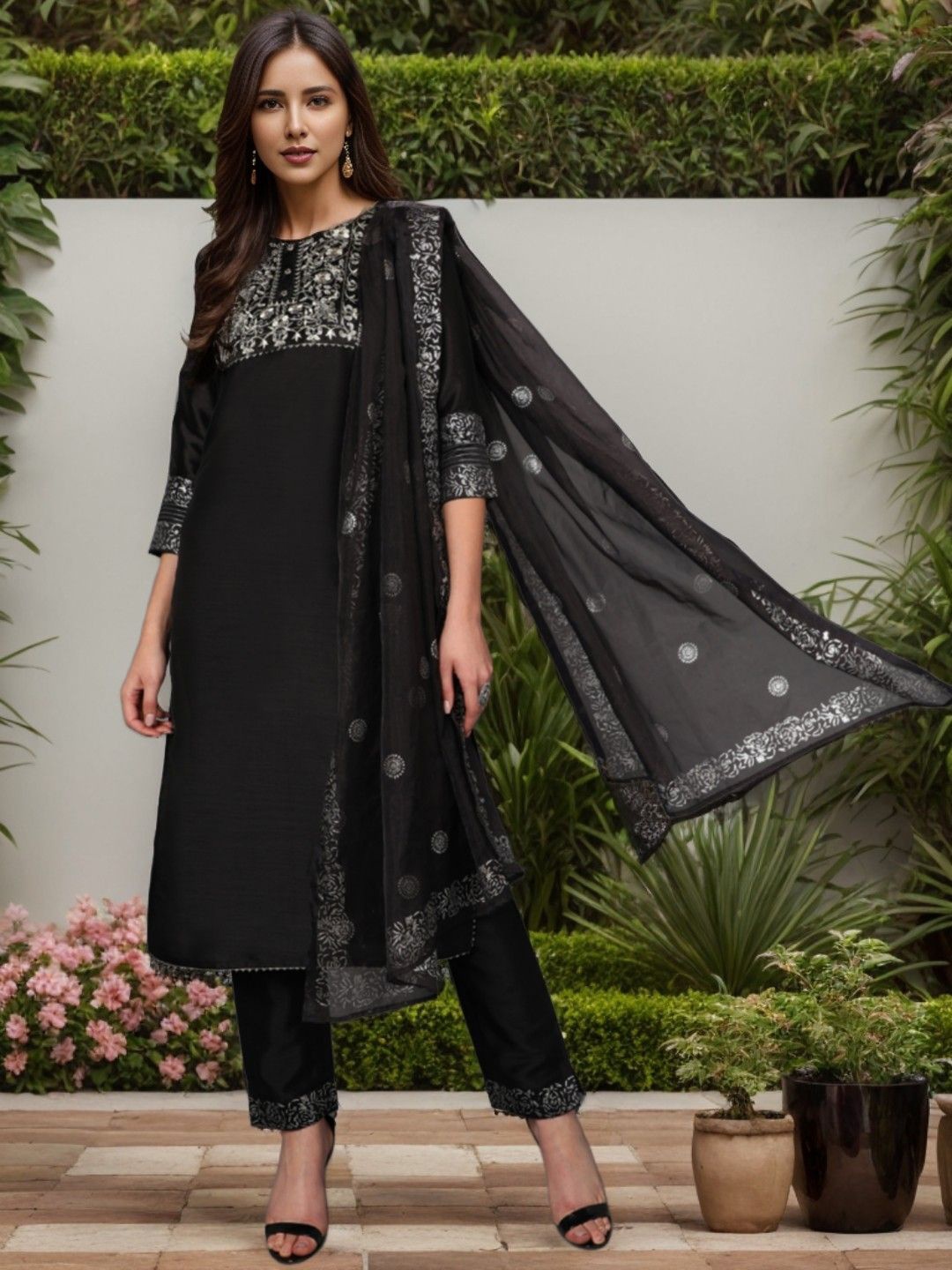 KALINI Ethnic Motifs Embroidered Regular Straight Kurta with Trousers & Dupatta, Black
KALINI Ethnic Motifs Embroidered Regular Straight Kurta with Trousers & Dupatta, Black