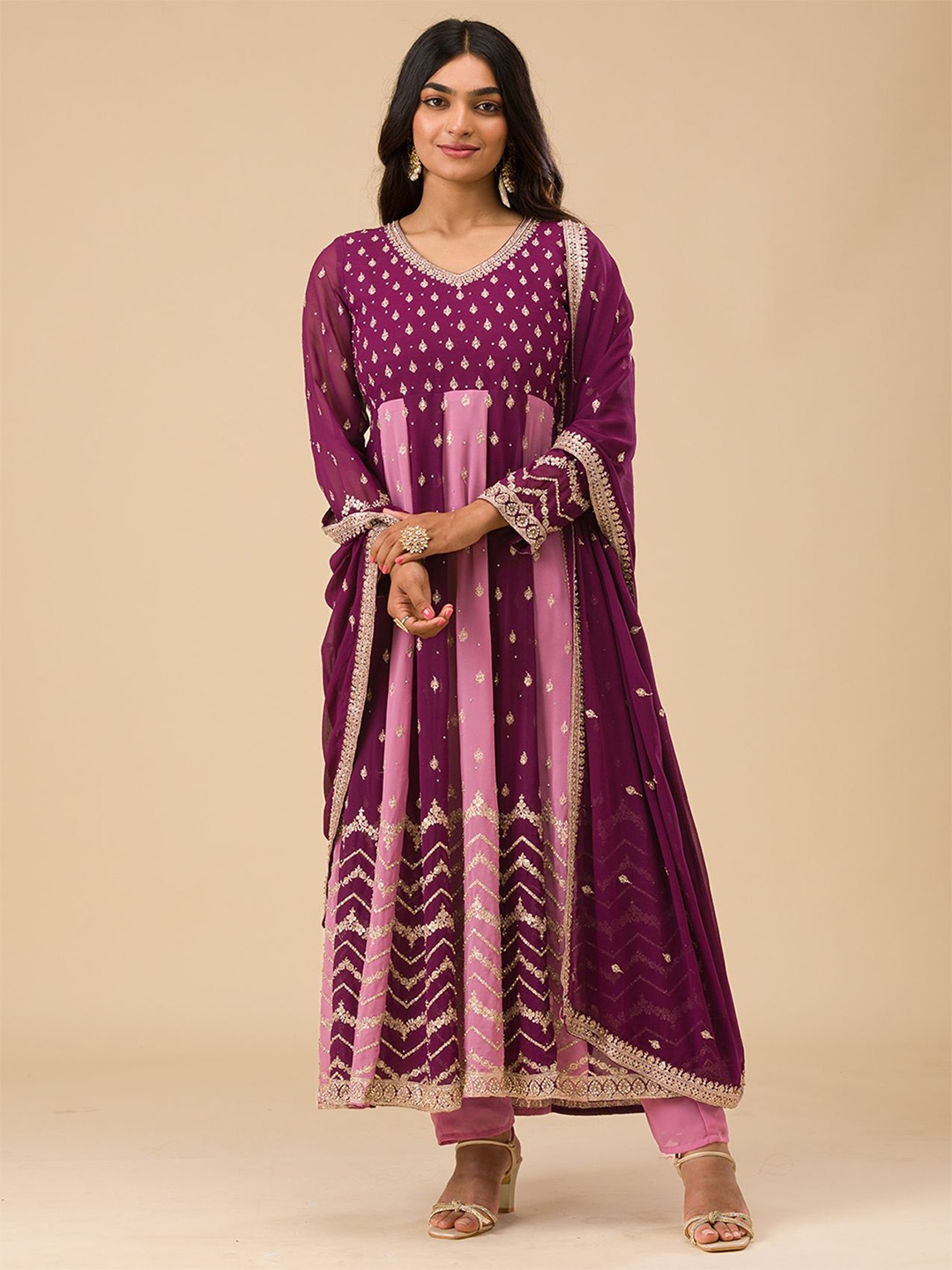 Koskii Floral Embroidered Zari Georgette Anarkali Kurta With Trousers & Dupatta, Purple
Koskii Floral Embroidered Zari Georgette Anarkali Kurta With Trousers & Dupatta, Purple