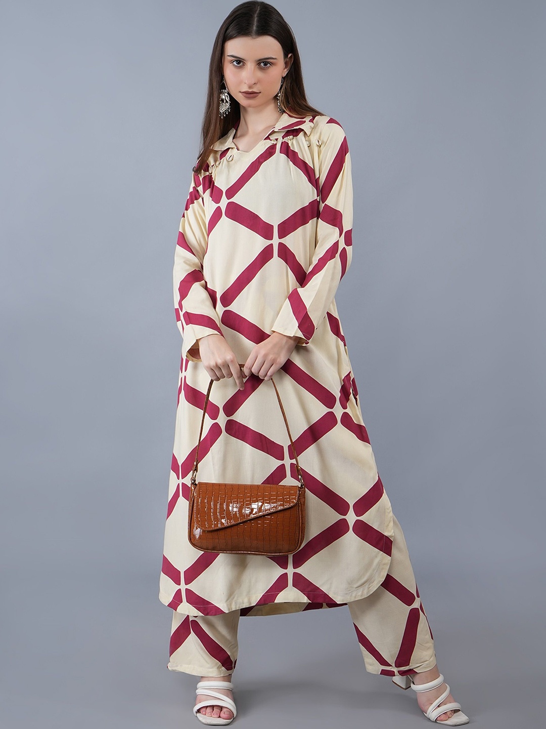 KALINI Geometric Printed Beads and Stones Shirt Collar Straight Kurta With Palazzos, Cream
KALINI Geometric Printed Beads and Stones Shirt Collar Straight Kurta With Palazzos, Cream
