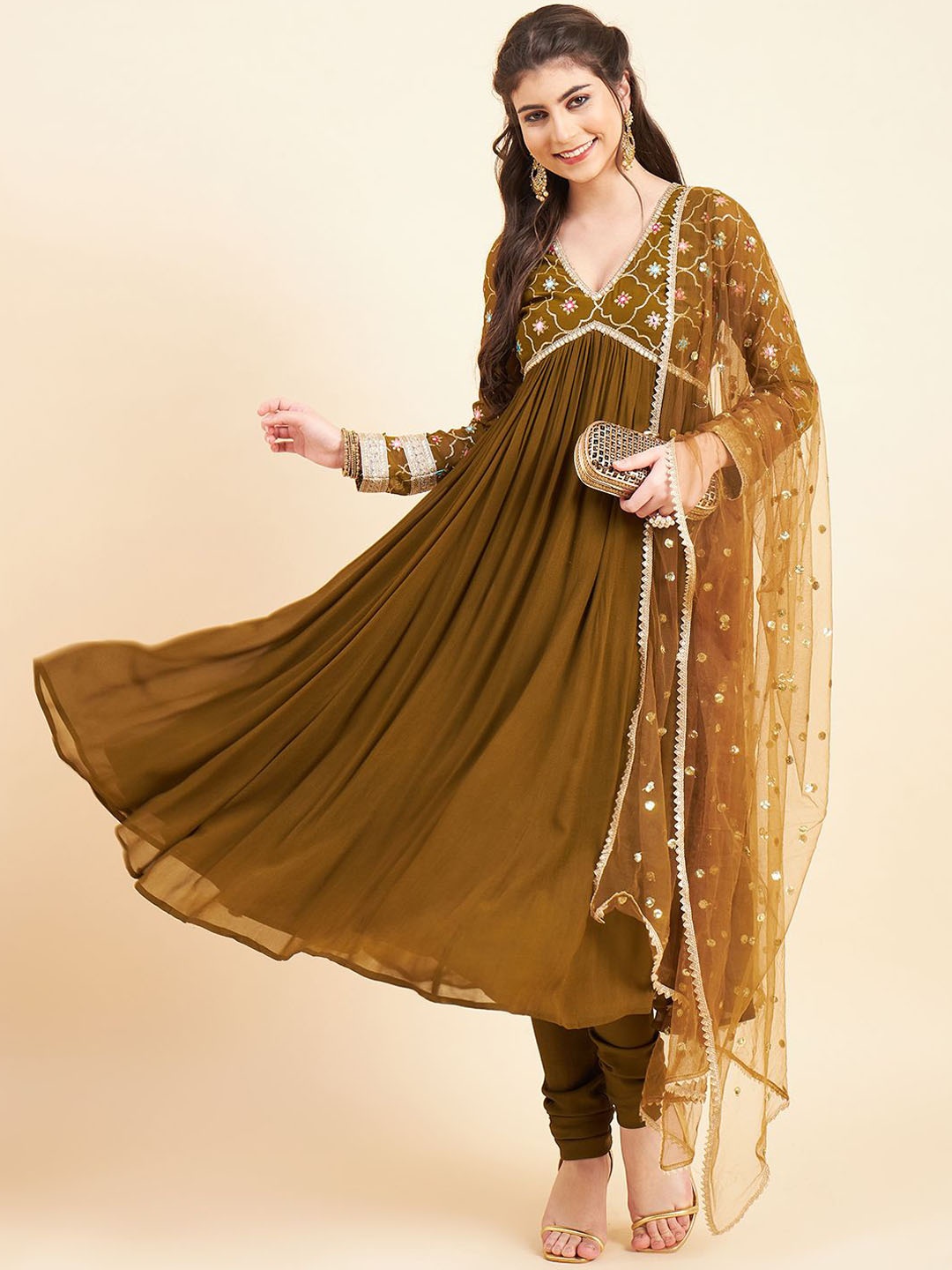 ADORNIA Floral Embroidered Empire Sequinned Georgette Kurta with Trouser & Dupatta, Brown
ADORNIA Floral Embroidered Empire Sequinned Georgette Kurta with Trouser & Dupatta, Brown