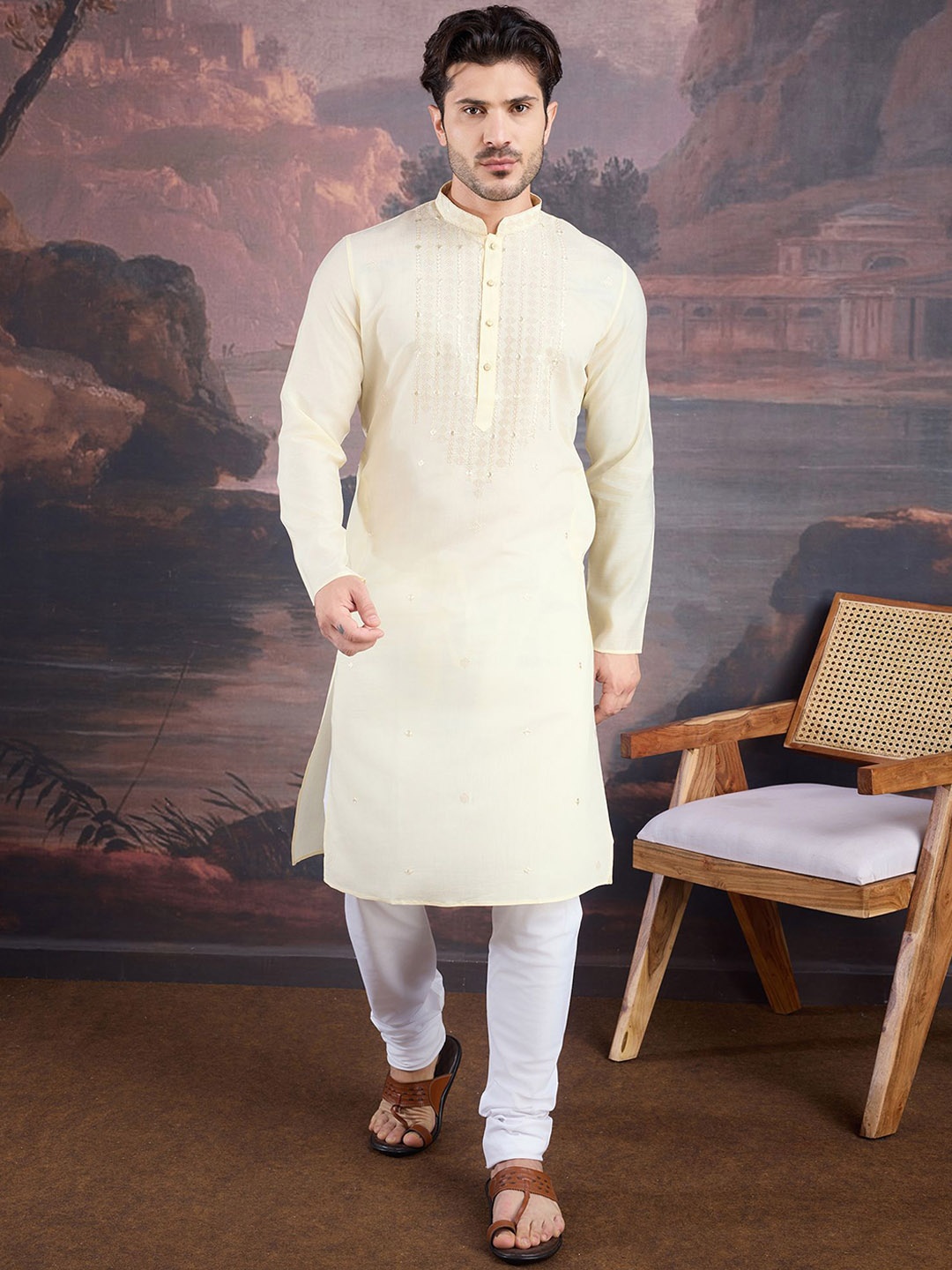 House of Pataudi Ethnic Motifs Embroidered Thread Work Straight Kurta With Churidar, Cream
House of Pataudi Ethnic Motifs Embroidered Thread Work Straight Kurta With Churidar, Cream