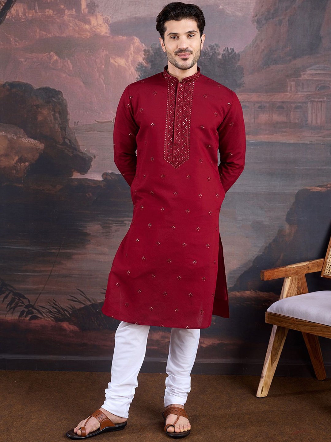 House of Pataudi Ethnic Motifs Embroidered Mandarin Collar Straight Kurta With Churidar, Maroon
House of Pataudi Ethnic Motifs Embroidered Mandarin Collar Straight Kurta With Churidar, Maroon