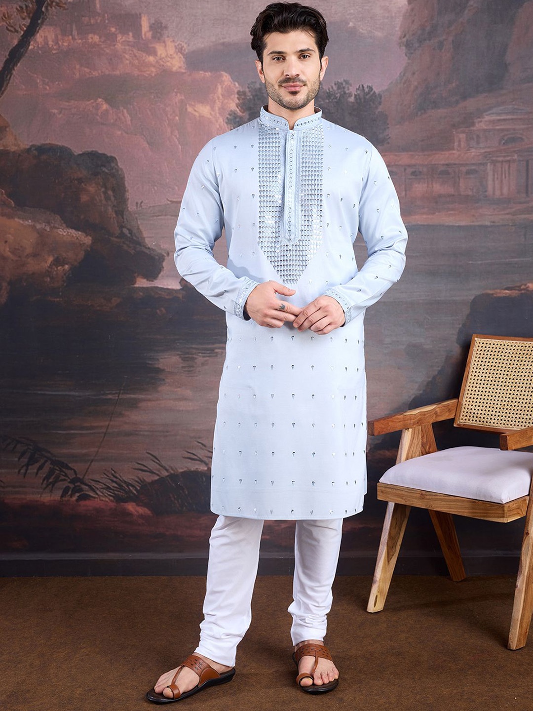 House of Pataudi Geometric Embroidered Mandarin Collar Straight Kurta With Churidar, Blue
House of Pataudi Geometric Embroidered Mandarin Collar Straight Kurta With Churidar, Blue