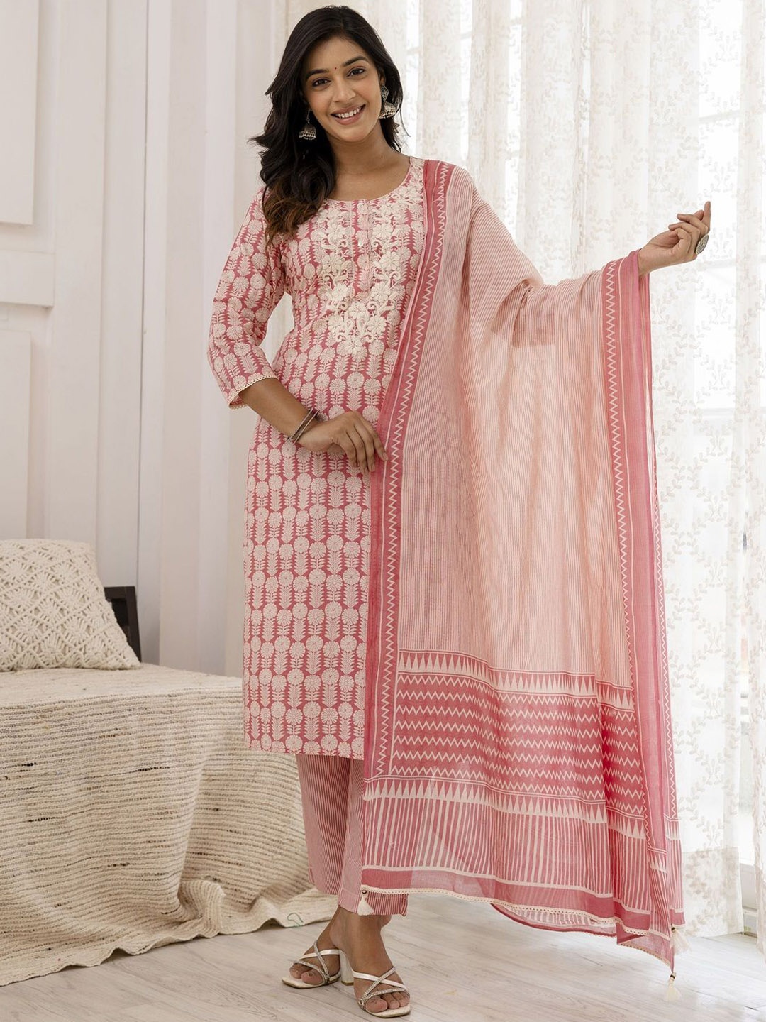 Dastkar Floral Printed Thread Work Pure Cotton Straight Kurta With Pyjama & Dupatta, Pink
Dastkar Floral Printed Thread Work Pure Cotton Straight Kurta With Pyjama & Dupatta, Pink