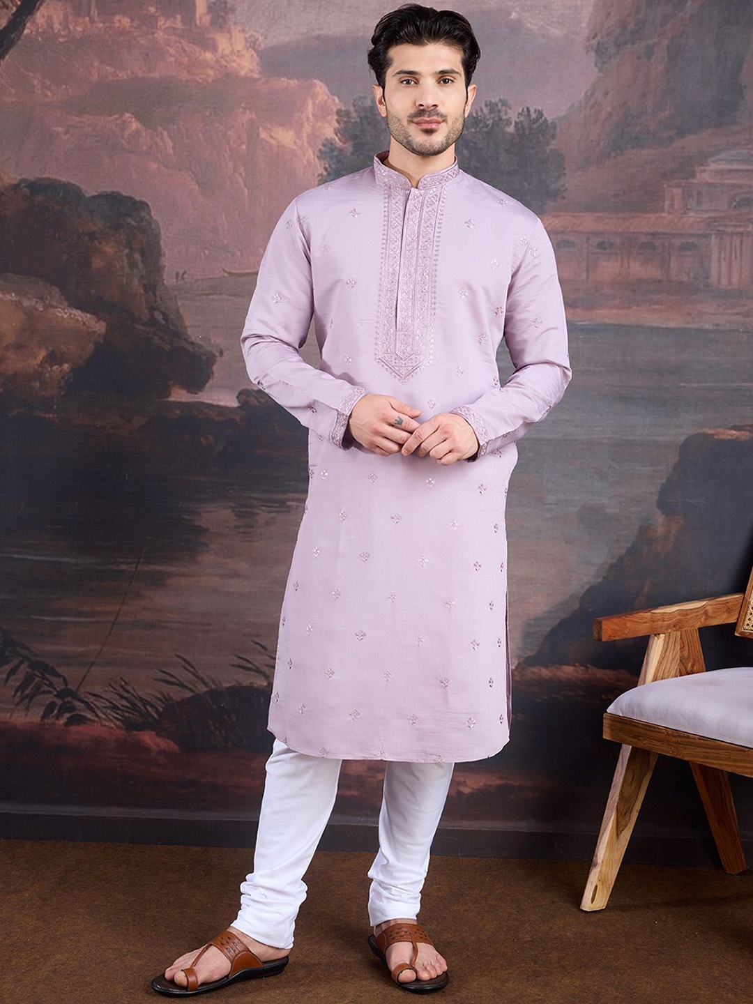 House of Pataudi Floral Woven Design Thread Work Straight Kurta With Churidar, Purple
House of Pataudi Floral Woven Design Thread Work Straight Kurta With Churidar, Purple