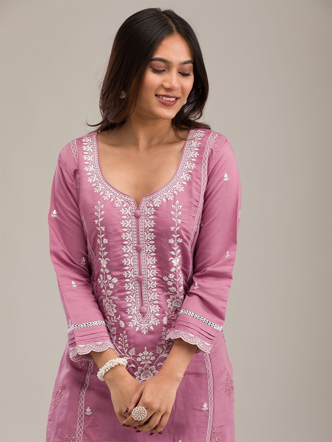 Koskii Floral Embroidered Notch Neck Cotton Silk Straight Kurta With Trousers & Dupatta, Purple
Koskii Floral Embroidered Notch Neck Cotton Silk Straight Kurta With Trousers & Dupatta, Purple