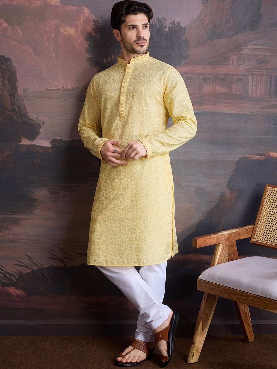 House of Pataudi Floral Embroidered Straight Chikankari Cotton Kurta With Pyjamas, Yellow
House of Pataudi Floral Embroidered Straight Chikankari Cotton Kurta With Pyjamas, Yellow