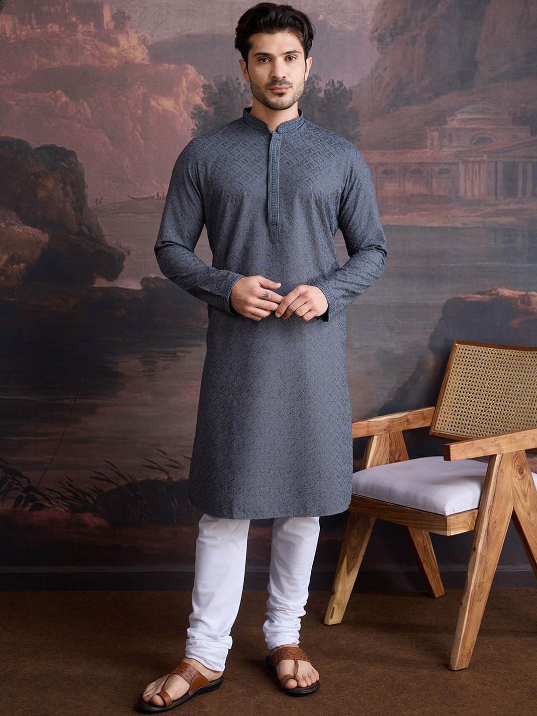 House of Pataudi Ethnic Motifs Embroidered Chikankari Straight Kurta With Pyjamas, Grey
House of Pataudi Ethnic Motifs Embroidered Chikankari Straight Kurta With Pyjamas, Grey